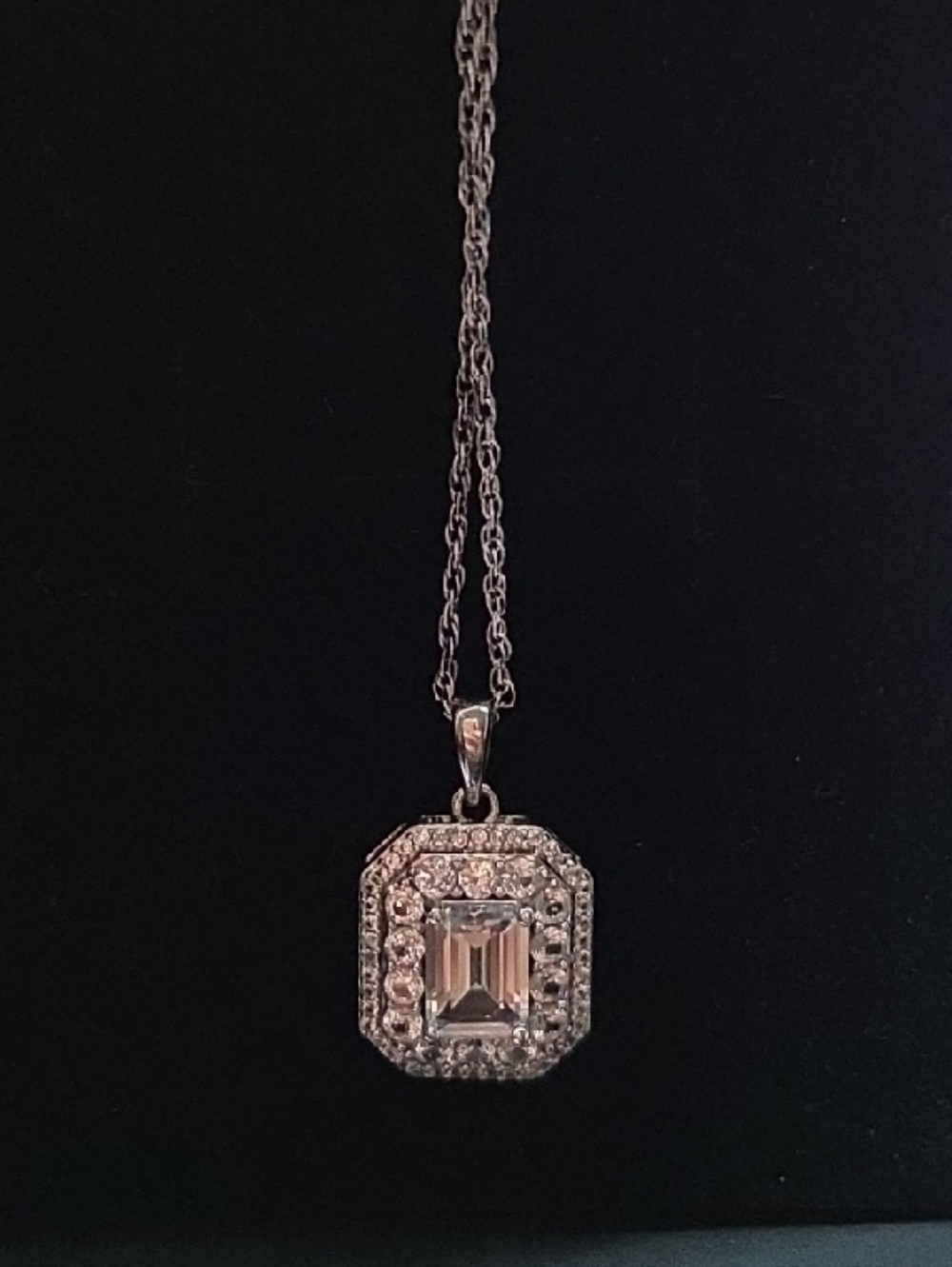 Zales Sterling Emerald-Cut Pendant Necklace Lab White Sapphire W/Chain & Box